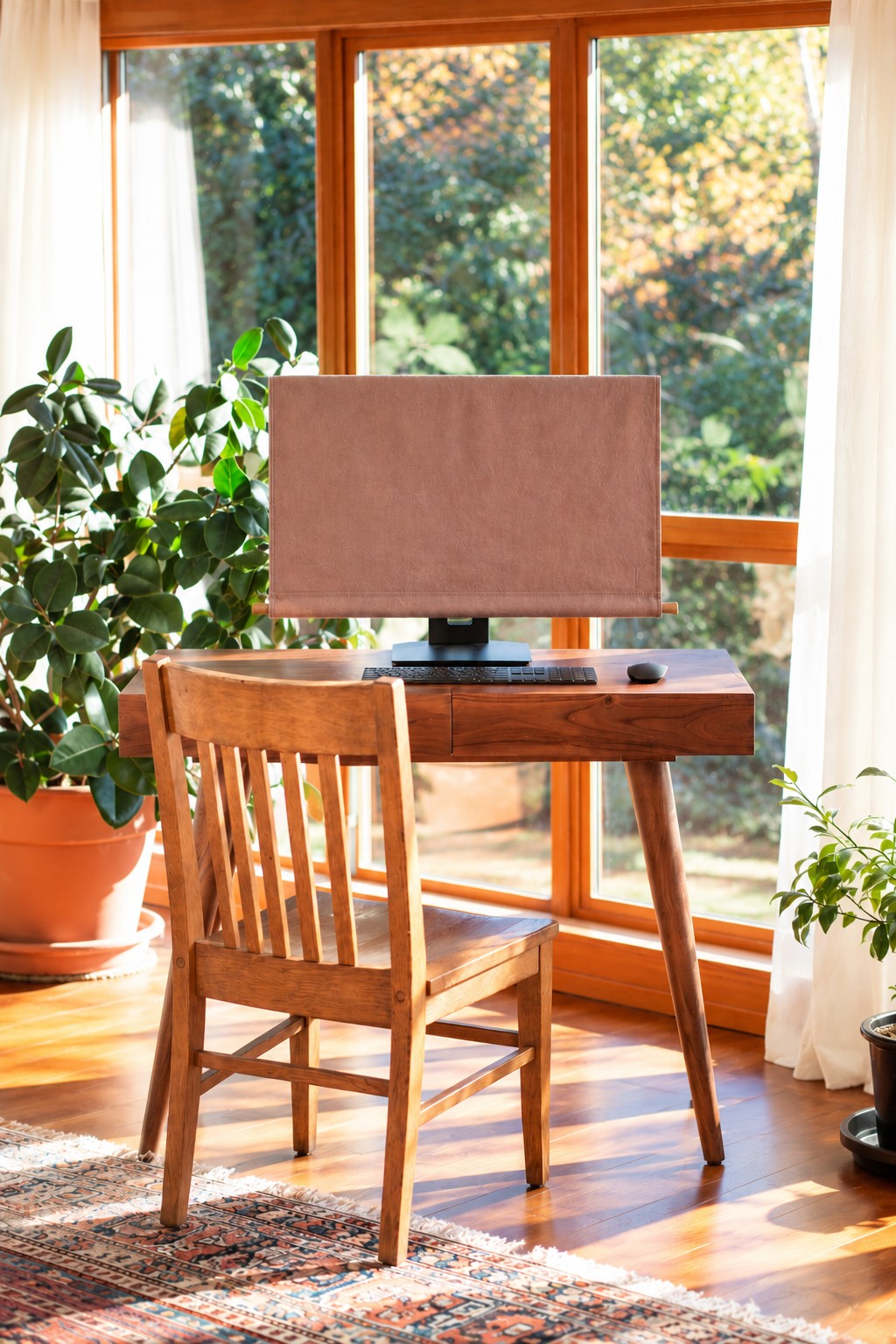 Concept lifestyle image showing the updated Lona fabric cover with a wooden dowel in a sunlit home office