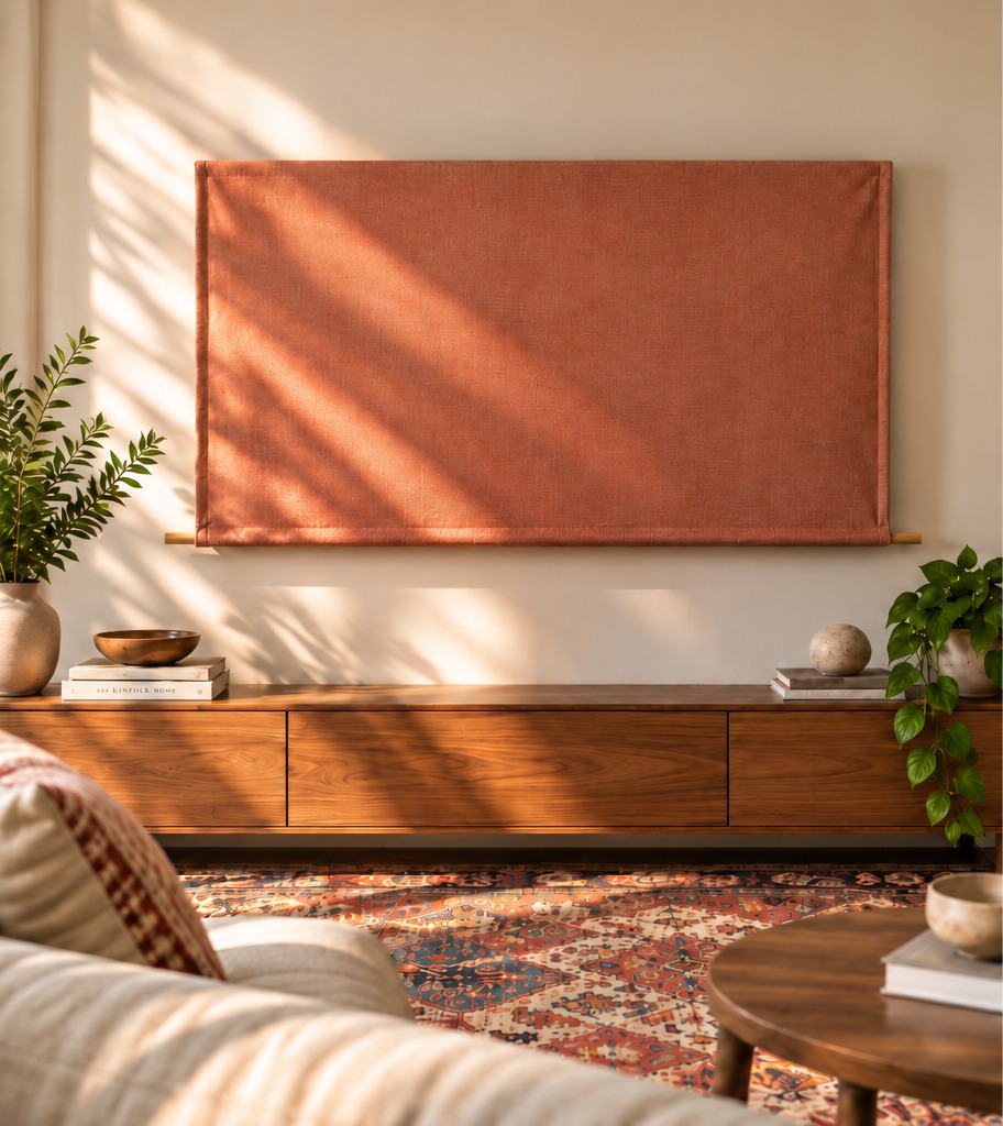 Concept visualization of a terracotta fabric television cover with a slim wooden dowel at the bottom in a warm living room