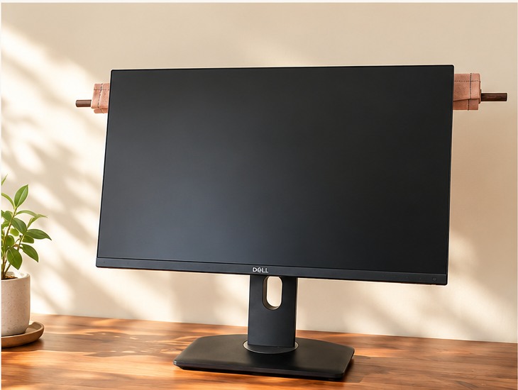 Edited visualization of Lona rolled behind a monitor during the workday